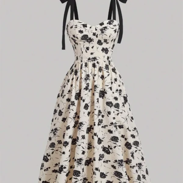 فساتين بحزام سباغيتي لعام 2026 للسيدات فستان فيستدوس لمزاج الزفاف أنيق فرنسي مطبوع عليه زهور حبال رفيعة عصرية