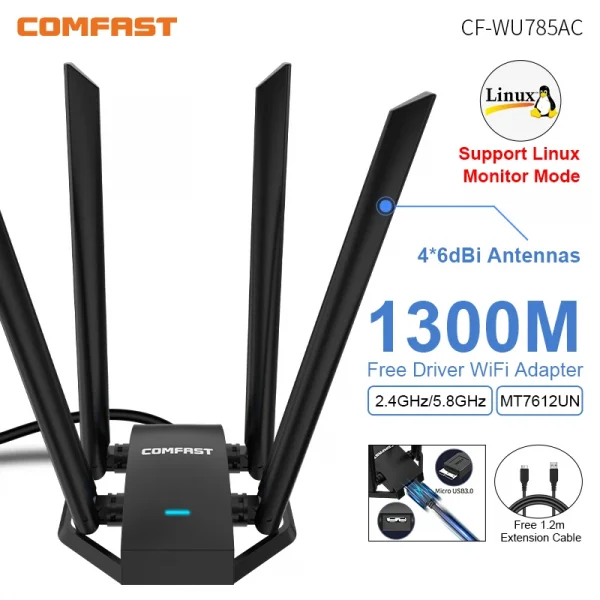 كومفاست 1300 ميجابت في الثانية محول 2.4 جيجا و 5 جيجا هرتز Usb بطاقة الشبكة محول واي فاي لاسلكي مكاسب عالية 4 * 6dbi هوائي سطح المكتب لينكس واي فاي استقبال