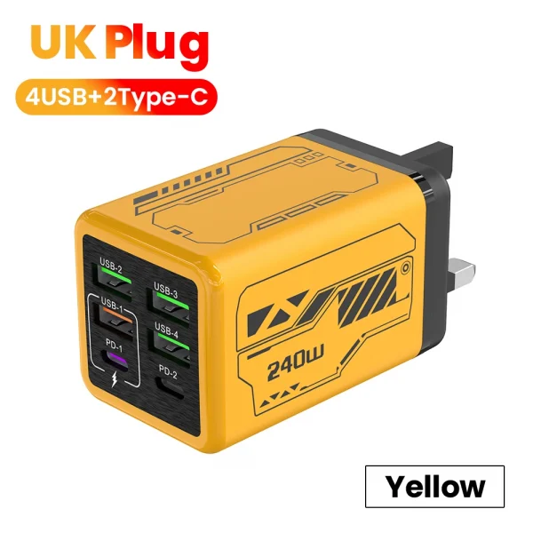 240 واط 6 منافذ 4USB + 2 نوع C شحن سريع للغاية شاحن الهاتف المحمول USB3.0 PD3.0 الاتحاد الأوروبي/المملكة المتحدة/الولايات المتحدة شاحن آيفون 17 16 سامسونج POCO