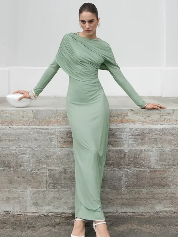 فستان طويل مثير مكشكش بأكمام طويلة للنساء لخريف وشتاء جديد غير منتظم بياقة دائرية وخصر عالٍ فستان حفلات للنوادي للسيدات