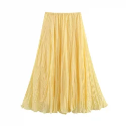 تنورة YENKYE للسيدات مجعدة على شكل حرف a ميدي باللون الأصفر والزبدة بخصر مطاطي تنانير أنيقة لعطلات الربيع والصيف جديدة 2025 faldas mujer