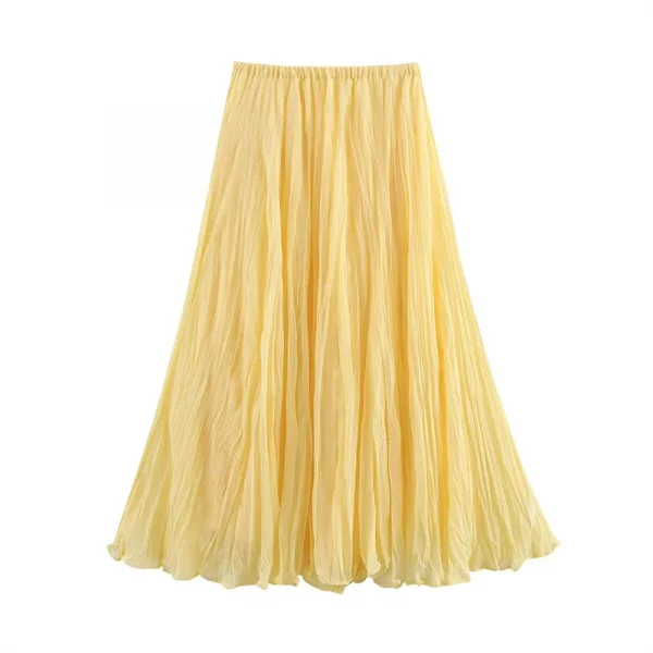 تنورة YENKYE للسيدات مجعدة على شكل حرف a ميدي باللون الأصفر والزبدة بخصر مطاطي تنانير أنيقة لعطلات الربيع والصيف جديدة 2025 faldas mujer