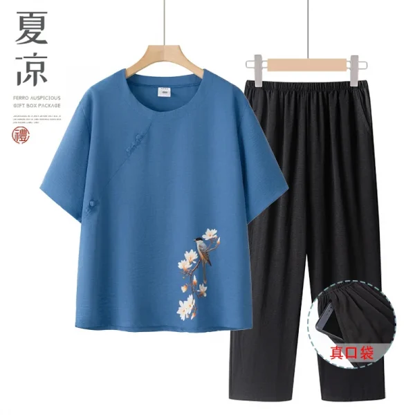 طقم حريمي صيفي بأكمام قصيرة من القطن والحرير على طراز الجدة ملابس نسائية غير رسمية ملابس منزلية قميص أمي ملابس خارجية زر طباعة الأزهار...