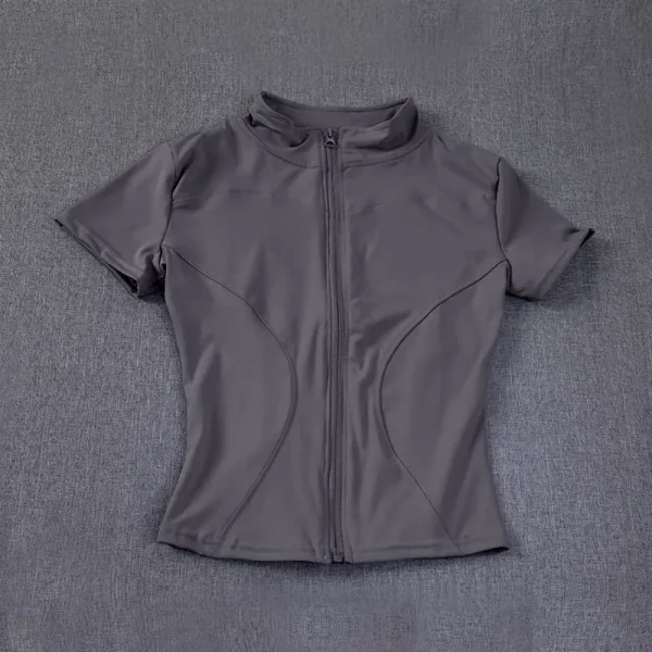 الصيف عالية الجودة الخصر التخسيس التدريب القمم المرأة التجفيف السريع ضيق الوقوف طوق كامل سستة قصيرة الأكمام قمصان اليوغا