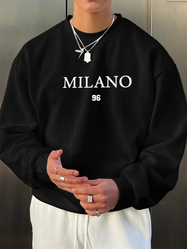 بلوفر رجالي خريفي وشتوي مخملي سميك دافئ وعصري فضفاض ميلانو 96 مطبوع برقبة دائرية وأكمام طويلة