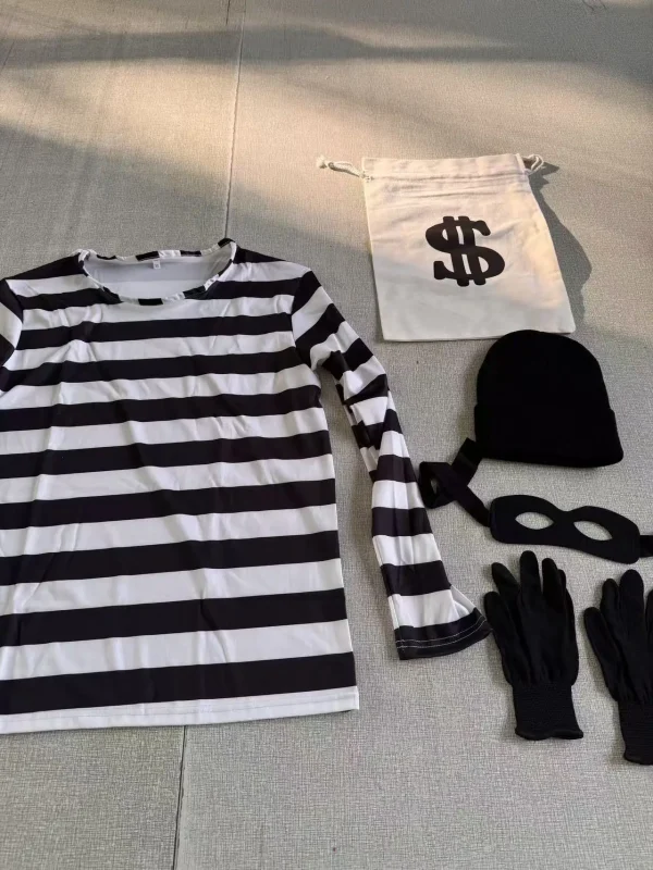 زي تنكري للبالغين لصائدي اللصوص لعيد الهالوين قميص مخطط بأكمام طويلة حقيبة قماشية قفازات قناع للعين قبعة محبوكة للحفلة