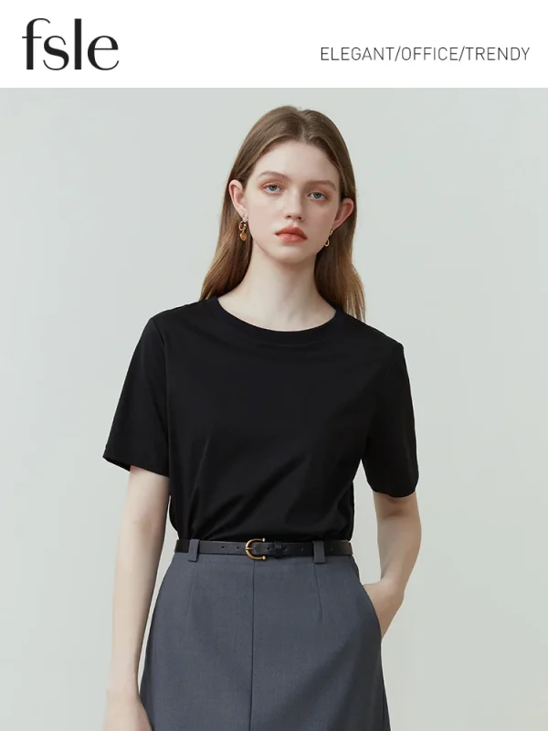 FSLE 100% قطن قصير الأكمام تي شيرت المرأة لربيع وصيف 2023 جديد رقبة مستديرة مستقيم أبيض أسود للنساء