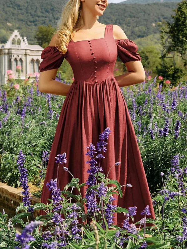 فستان نسائي صيفي متوسط ​​الطول من عصر النهضة بدون أكمام على شكل قلب ورباط