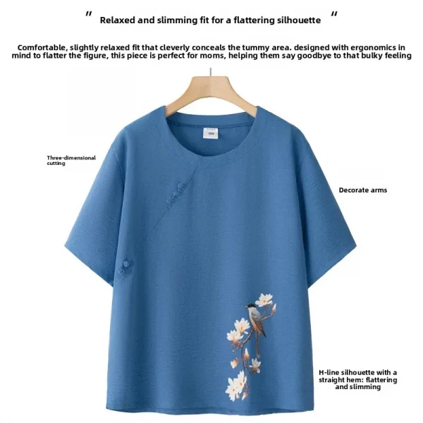 طقم حريمي صيفي بأكمام قصيرة من القطن والحرير على طراز الجدة ملابس نسائية غير رسمية ملابس منزلية قميص أمي ملابس خارجية زر طباعة الأزهار...