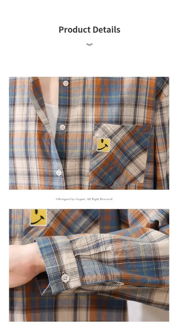 قميص مربعات للنساء في فصلي الربيع والخريف، قميص قطن خالص عصري ورجعي يتم ارتداؤه مع أجنبي