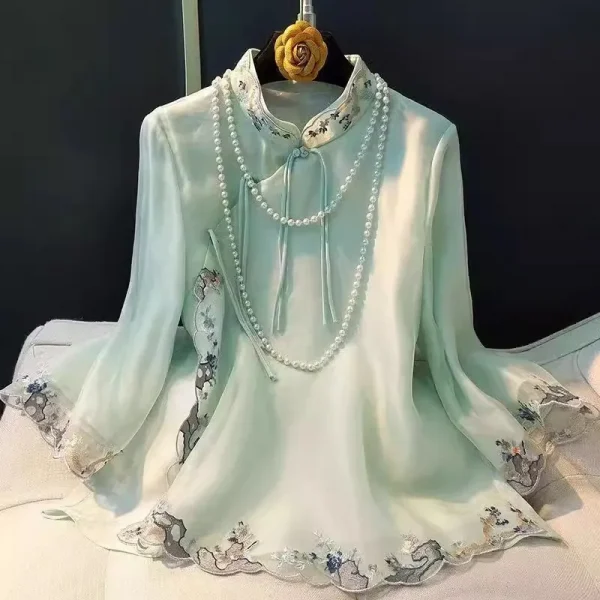 ربيع الخريف العرقية نمط تانغ دعوى معطف الرجعية التطريز زر الصينية أعلى المرأة بلوزة أنيقة فضفاضة الصينية أعلى 3126