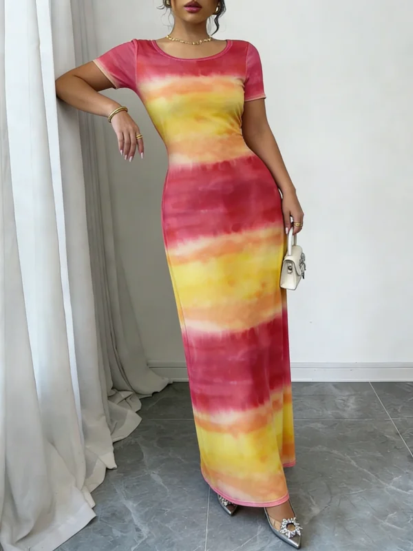 فستان ماكسي للربيع والصيف للنساء وردي أصفر بتدرج ألوان، كتف واحد، بأكمام قصيرة، ضيق، أنيق، كاجوال، للحفلات والإجازاتفستان نسائي صيفي أنيق بكشكش من الدانتيل المزهر