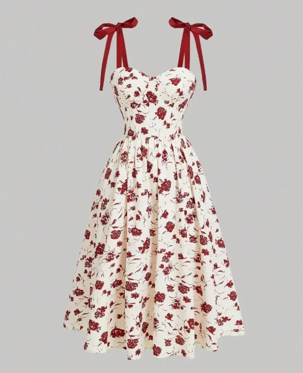 فساتين بحزام سباغيتي لعام 2026 للسيدات فستان فيستدوس لمزاج الزفاف أنيق فرنسي مطبوع عليه زهور حبال رفيعة عصرية