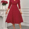 فستان ميدي ربيع وصيف للنساء باللون بورجوندي بنقاط البولكا، بأكمام ثلاثة أرباع، وياقة على شكل V، بقصة A، أنيق وكاجوال، فستان يومي وحفلات