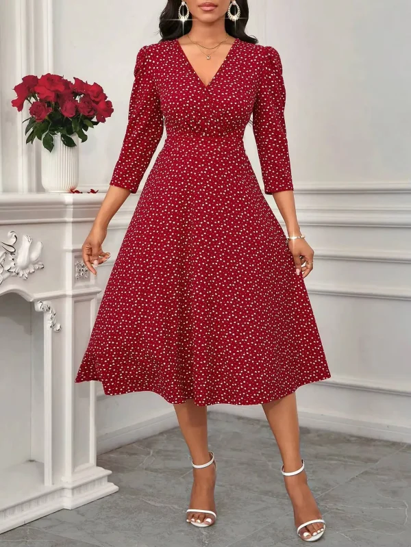 فستان ميدي ربيع وصيف للنساء باللون بورجوندي بنقاط البولكا، بأكمام ثلاثة أرباع، وياقة على شكل V، بقصة A، أنيق وكاجوال، فستان يومي وحفلات