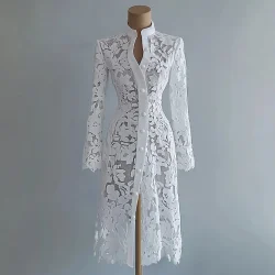 المرأة الأزهار تفريغ الدانتيل فستان أنيق الصلبة واحدة الصدر الياقة المدورة الخريف طويلة الأكمام سترة أبلى فساتين متوسطة الطول