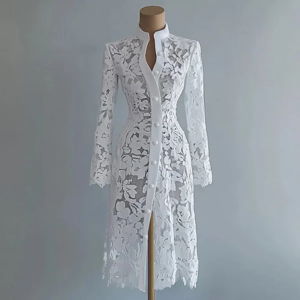 المرأة الأزهار تفريغ الدانتيل فستان أنيق الصلبة واحدة الصدر الياقة المدورة الخريف طويلة الأكمام سترة أبلى فساتين متوسطة الطول