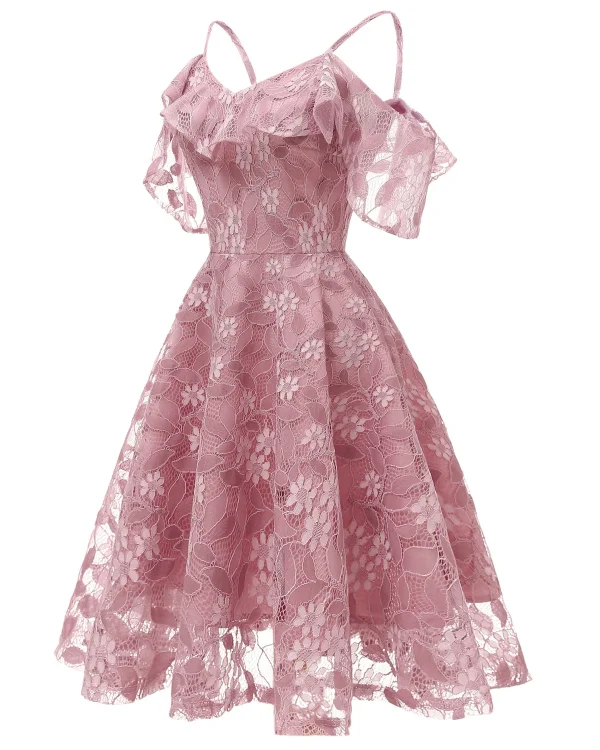 فستان نسائي صيفي أنيق بكشكش من الدانتيل المزهر باللون الواحد، كتف مكشوف، للأجازات، بأكمام كشكش، فساتين سهرة وحفلات