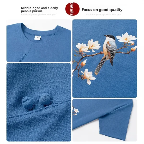 طقم حريمي صيفي بأكمام قصيرة من القطن والحرير على طراز الجدة ملابس نسائية غير رسمية ملابس منزلية قميص أمي ملابس خارجية زر طباعة الأزهار...