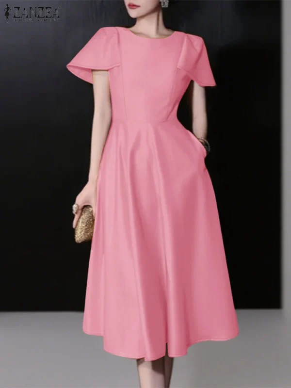 فستان حفلة أنيق من زانزيا 2025 للنساء لصيف العمل، فساتين OL مكتبية، فستان ساتان مكتبي، فستان صيفي قصير الأكمام متوسط الطول، فستان صلب