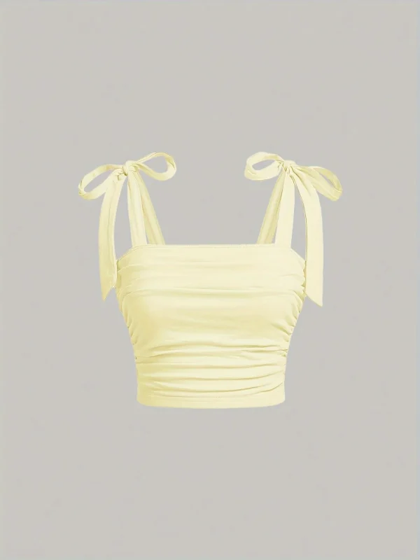 Solid Tie Shoulder Ruched Wide Strap Slim Fit Crop Top for Women Summer 2025 Y2K Clothes Pink Backless Cami Top Streetwear