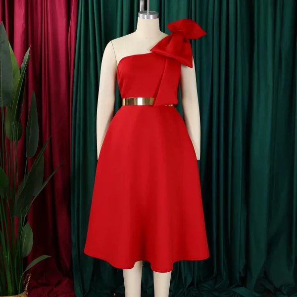 موضة النساء بمقاسات كبيرة فستان بكفة كتف مائلة مع فيونكة لحفلات رسميّة فستان أنيق جديد للمناسبات الخاصة