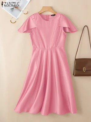فستان حفلة أنيق من زانزيا 2025 للنساء لصيف العمل، فساتين OL مكتبية، فستان ساتان مكتبي، فستان صيفي قصير الأكمام متوسط الطول، فستان صلب