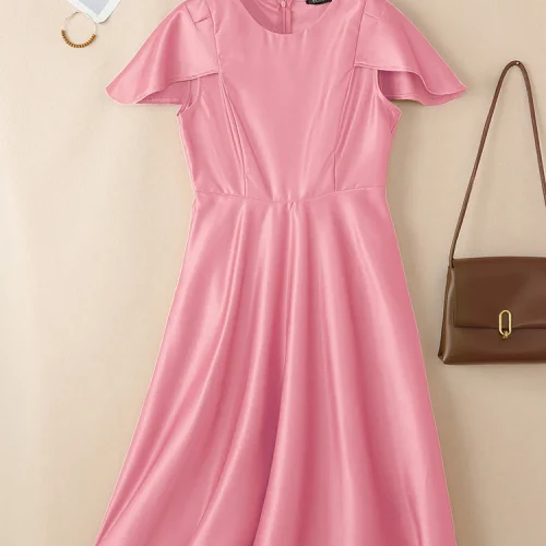 فستان حفلة أنيق من زانزيا 2025 للنساء لصيف العمل، فساتين OL مكتبية، فستان ساتان مكتبي، فستان صيفي قصير الأكمام متوسط الطول، فستان صلب