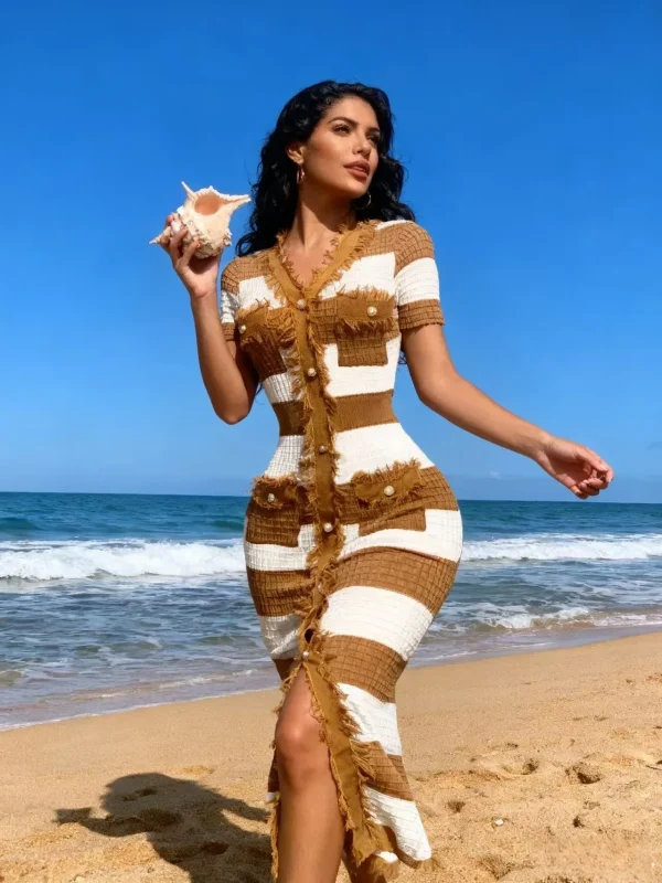 فستان نسائي أنيق مخطط برقبة على شكل حرف V صيفي بأكمام قصيرة ومتماسك بشرابة فساتين ضيقة للنساء