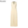 موضة النساء حللا 2026 ZANZEA ثوب فضفاض صيفي أنيق واسع الساق العمل OL وزرة الخامس الرقبة بلا أكمام مطوي Playsuit بنطلون