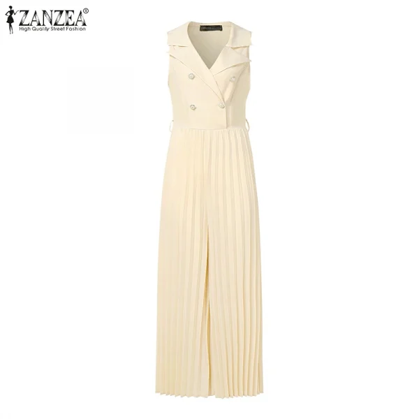 موضة النساء حللا 2026 ZANZEA ثوب فضفاض صيفي أنيق واسع الساق العمل OL وزرة الخامس الرقبة بلا أكمام مطوي Playsuit بنطلون