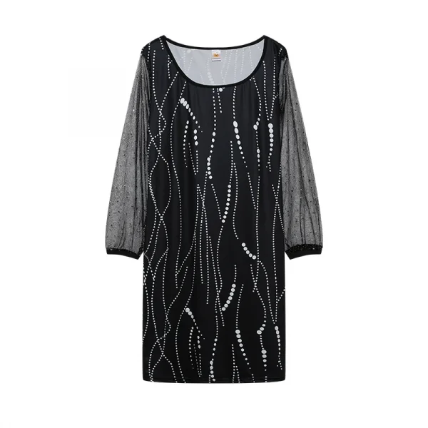 فستان نسائي من الشاش بتصميم ربيعي جديد موديل 2024 برقبة دائرية مزين بالترتر ومنظور