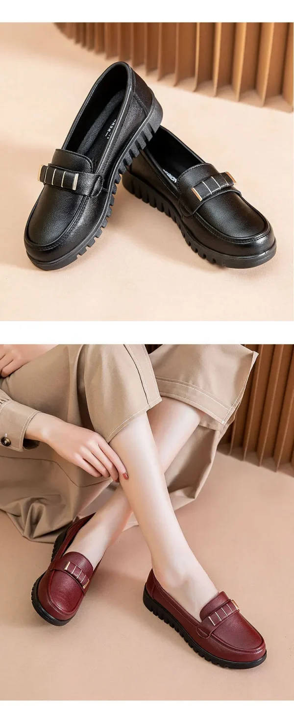 أحذية نسائية مسطحة من الجلد من الألياف الدقيقة باللون الأحمر النبيذي أحذية بدون كعب للنساء لفصل الربيع أحذية بدون كعب للأمهات المسنات أحذية مسطحة مقاس كبير 42