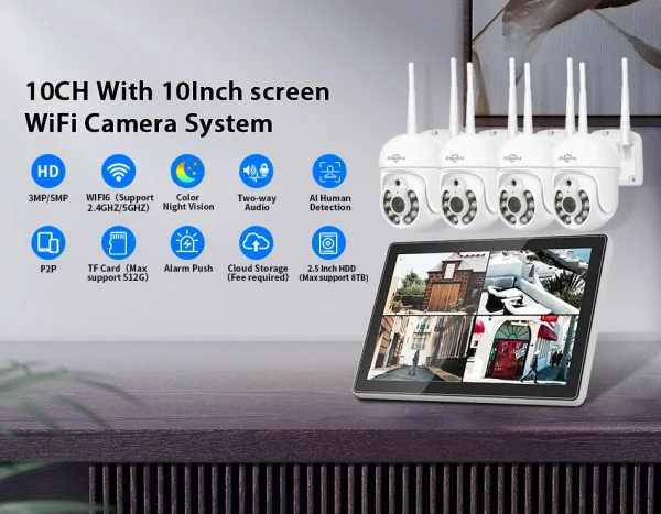 Hiseeu 3/5MP 10CH NVR مع شاشة 10.1 بوصة مجموعة كاميرات أمنية لاسلكية في الهواء الطلق كاميرا IP مقاومة للماء مجموعة نظام المراقبة بالدوائر التليفزيونية المغلقة