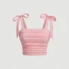 Solid Tie Shoulder Ruched Wide Strap Slim Fit Crop Top for Women Summer 2025 Y2K Clothes Pink Backless Cami Top Streetwear
