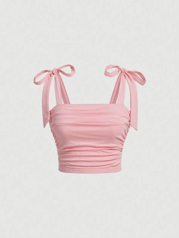 Solid Tie Shoulder Ruched Wide Strap Slim Fit Crop Top for Women Summer 2025 Y2K Clothes Pink Backless Cami Top Streetwear