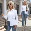 قمصان نسائية ربيعية خريفية بلون صلب بأكمام طويلة وياقة قابلة للطي قميص أساسي للنساء بلوزات شارع أنيقة