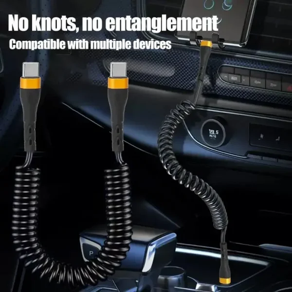 PD 120 واط نوع C إلى نوع C كابل 5A شحن سريع USB C الربيع شاحن سيارة كابل آيفون 15 سلسلة شاومي 12 سامسونج S23 ماك بوك