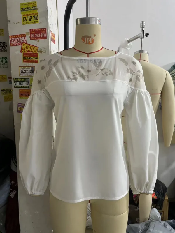 2025 جديد وصول المرأة النمط الأوروبي الأمريكي شير الشيفون الأعلى-كم طويل طاقم الرقبة شبكة لوحة الرقمية تي شيرت مطبوع