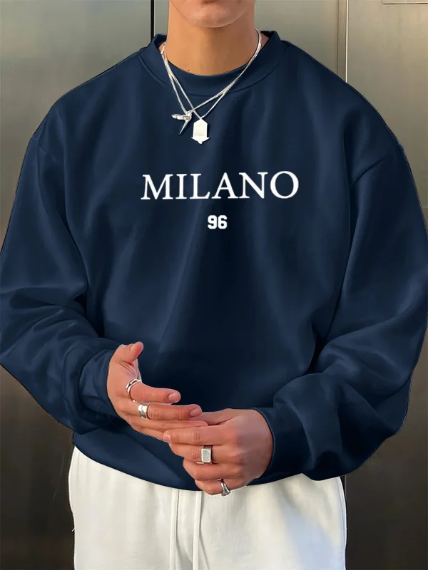 بلوفر رجالي خريفي وشتوي مخملي سميك دافئ وعصري فضفاض ميلانو 96 مطبوع برقبة دائرية وأكمام طويلة