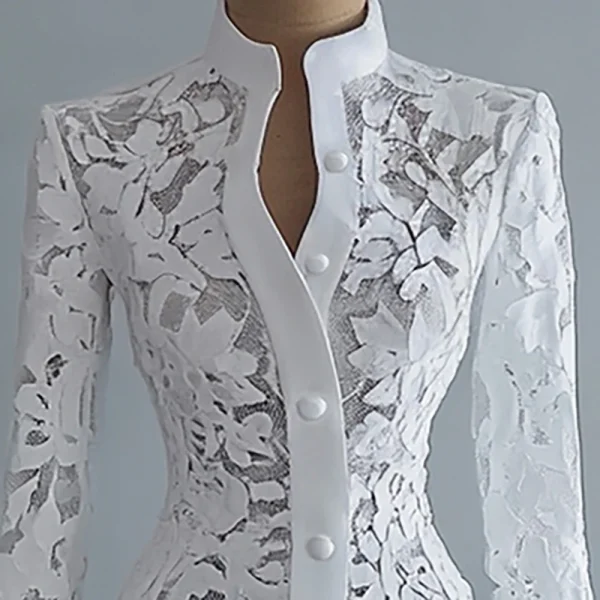 المرأة الأزهار تفريغ الدانتيل فستان أنيق الصلبة واحدة الصدر الياقة المدورة الخريف طويلة الأكمام سترة أبلى فساتين متوسطة الطول