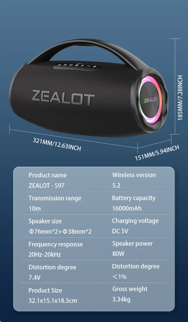 ZEALOT S97 80W مكبر صوت لاسلكي، مكبر صوت محمول خارجي، جودة صوت Hifi، اقتران مزدوج، شحن سريع، 16000 مللي أمبير.