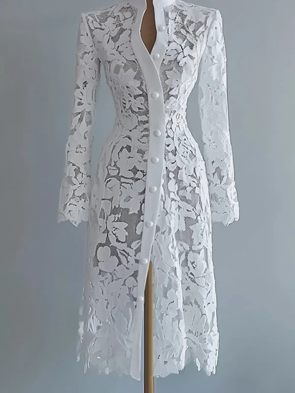 المرأة الأزهار تفريغ الدانتيل فستان أنيق الصلبة واحدة الصدر الياقة المدورة الخريف طويلة الأكمام سترة أبلى فساتين متوسطة الطول