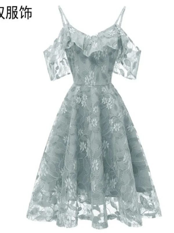 فستان نسائي صيفي أنيق بكشكش من الدانتيل المزهر باللون الواحد، كتف مكشوف، للأجازات، بأكمام كشكش، فساتين سهرة وحفلات