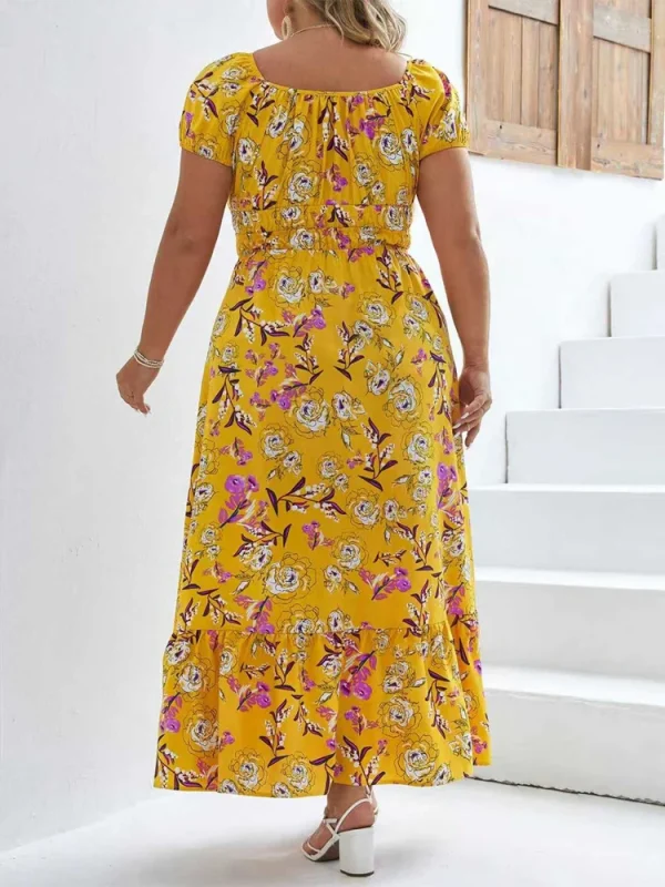 فستان نسائي طويل مقاس كبير مزين بالزهور، مرن بخصر عالٍ، فضفاض، رقبة مربعة، وأكمام منتفخة، فستان غير رسمي مناسب لجميع المواسم