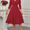 فستان ميدي ربيع وصيف للنساء باللون بورجوندي بنقاط البولكا، بأكمام ثلاثة أرباع، وياقة على شكل V، بقصة A، أنيق وكاجوال، فستان يومي وحفلات