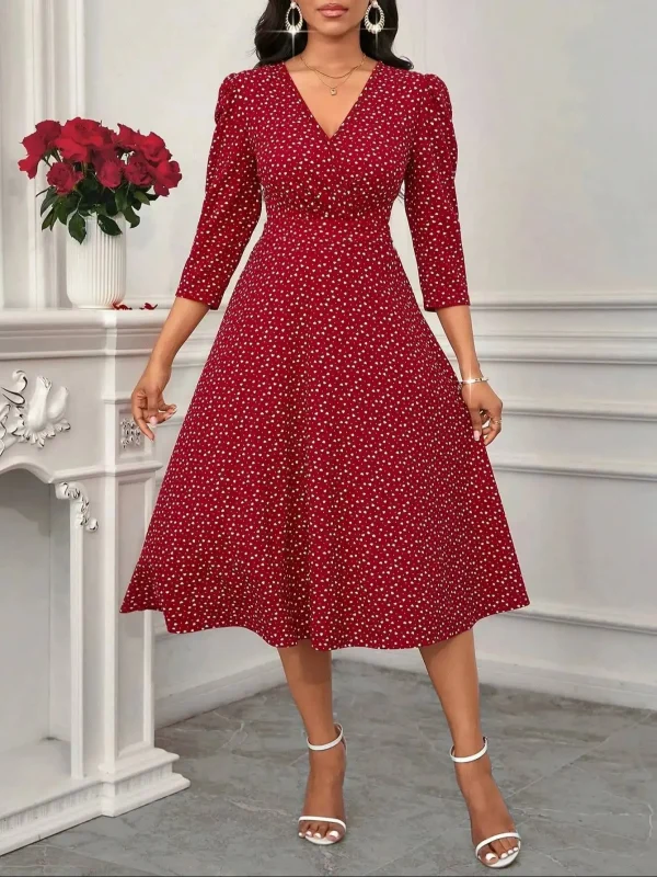 فستان ميدي ربيع وصيف للنساء باللون بورجوندي بنقاط البولكا، بأكمام ثلاثة أرباع، وياقة على شكل V، بقصة A، أنيق وكاجوال، فستان يومي وحفلات
