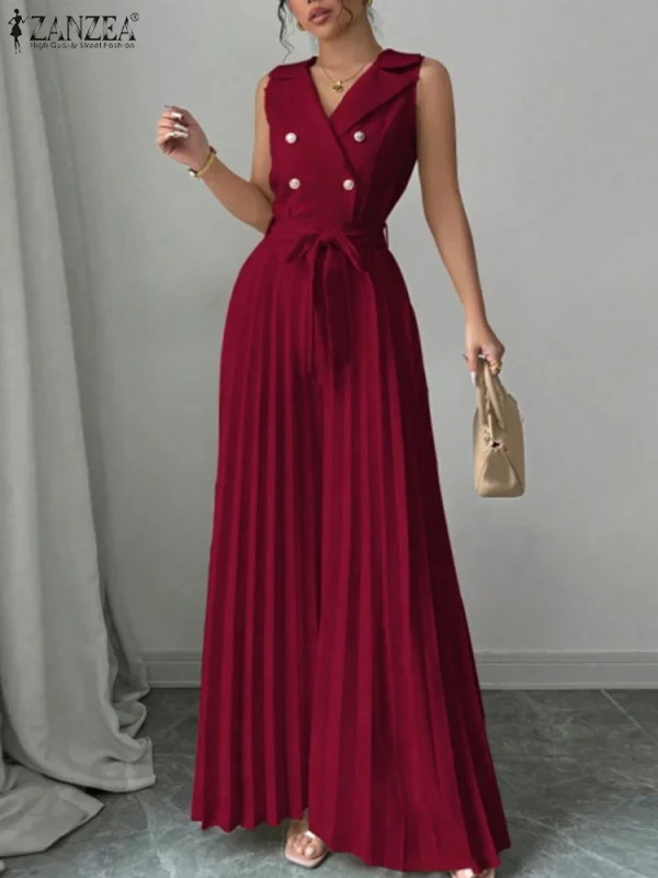 موضة النساء حللا 2026 ZANZEA ثوب فضفاض صيفي أنيق واسع الساق العمل OL وزرة الخامس الرقبة بلا أكمام مطوي Playsuit بنطلون