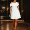 أزياء نسائية أمريكية أوروبية فستان أبيض بلون صلب برقبة مائلة على شكل حرف A بطول الركبة أنيق كاجوال عصري ملابس نسائية