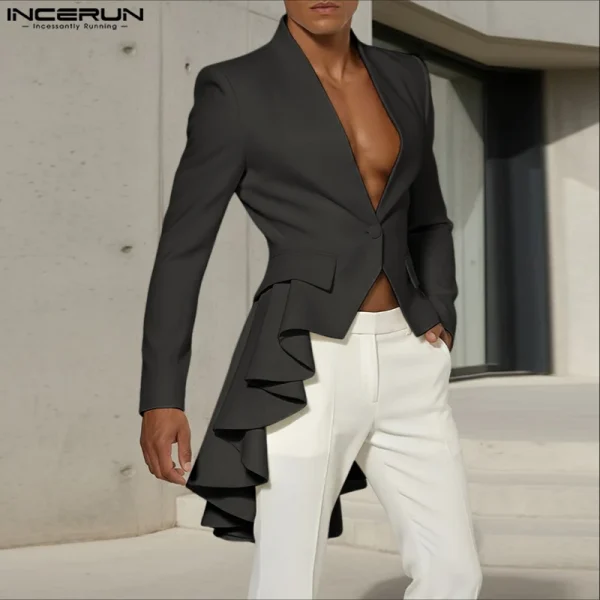 INCERUN Men Irregular Blazer V Neck Long Sleeve Ruffle One Button Male Suit Streetwear Pleated Fashion Casual Thin Coats Blazer